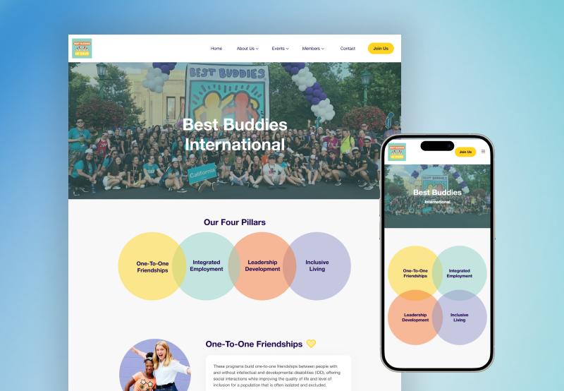 A laptop and phone showing screens of the Best Buddies' website interface