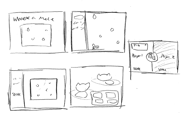 A pencil sketch of five different ideas for the game on project.