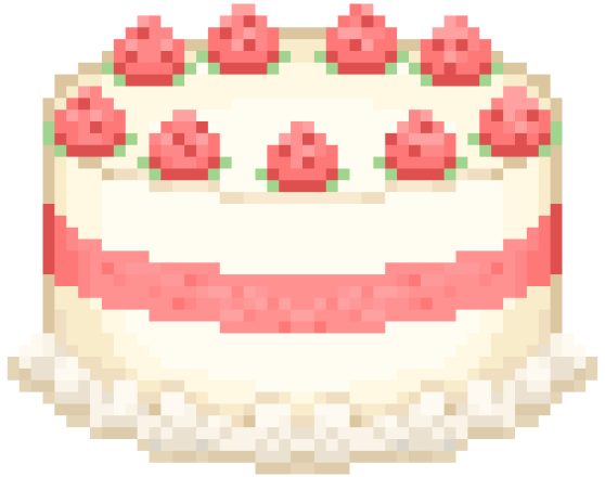 A white cake with pink strawberry filling and straberries on top drawn in a pixel art style
